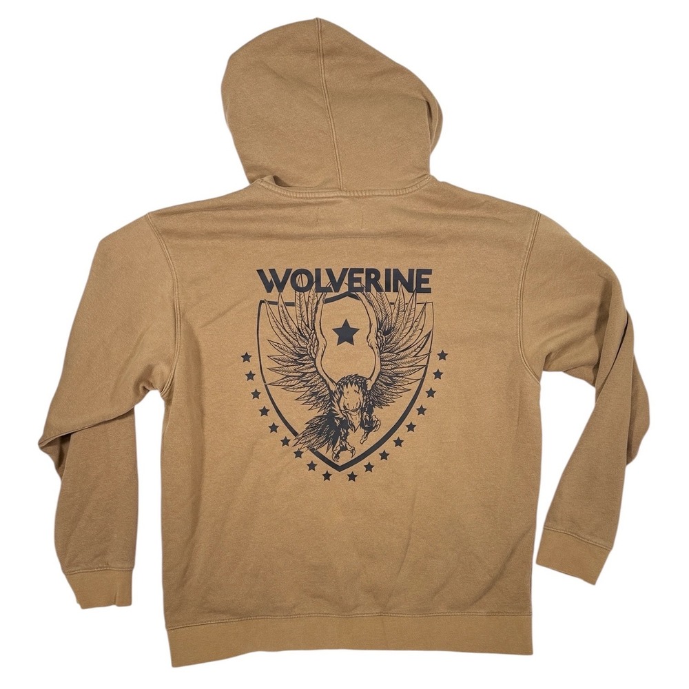 Wolverine Mens XL Tan Brown Graphic Hoodie Eagle Shield Logo Fleece Sweatshirt
